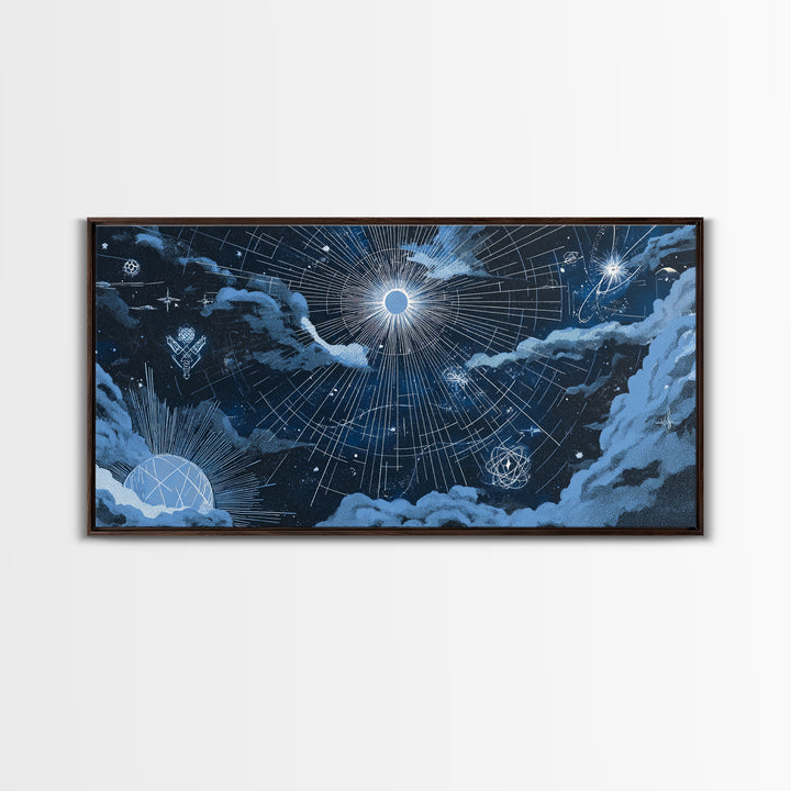 Blue Celestial Grid With Moonlit Clouds Canvas Print, Modern Wall Art, Sci Fi Space Poster, Navy Home Office Decor Gift Print