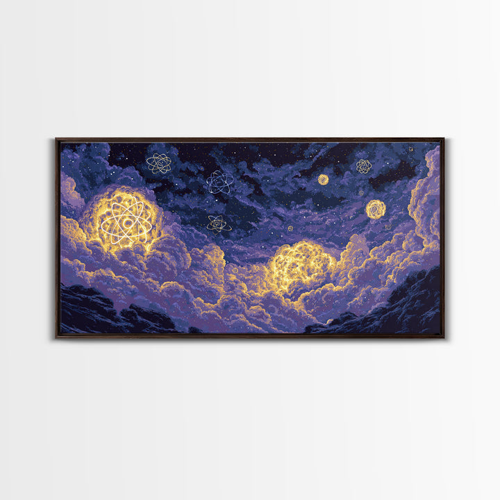 Glowing Atom Clouds In Pixel Night Sky Canvas Print, Modern Abstract Wall Art, Retro Space Poster, Purple Bedroom Decor Gift