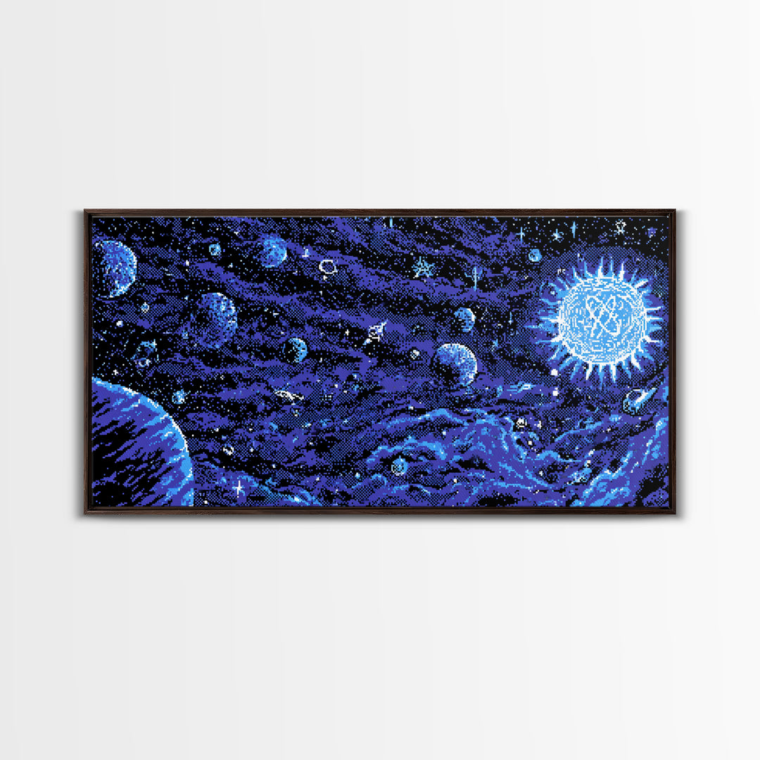 Pixel Space Landscape With Blue Planets Wall Art, Retro Sci Fi Poster, Modern Digital Art Print, Cosmic Game Room Decor Gift