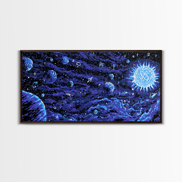 Pixel Space Landscape With Blue Planets Wall Art, Retro Sci Fi Poster, Modern Digital Art Print, Cosmic Game Room Decor Gift