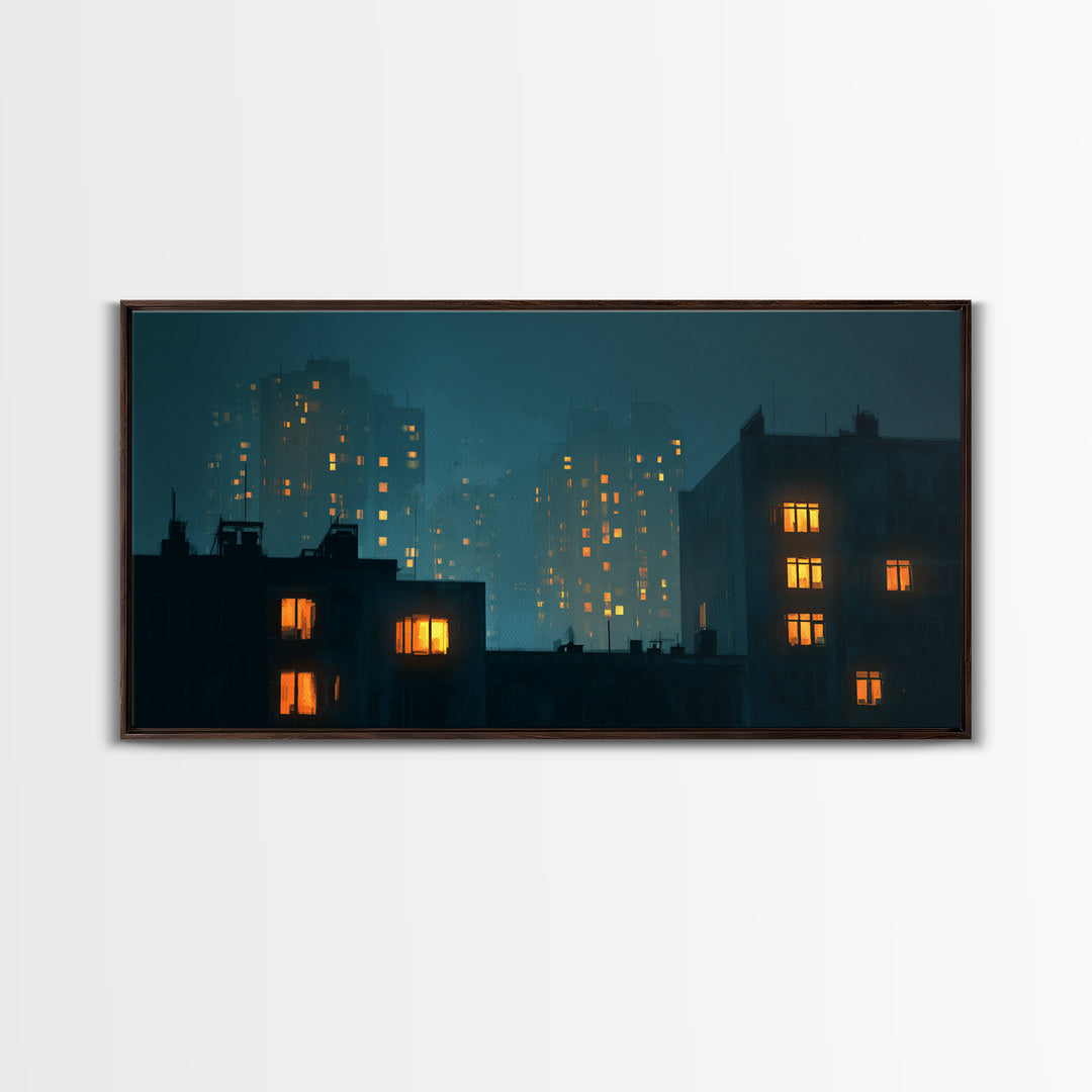 Foggy Teal Apartment Windows Canvas Print, Moody City Nightscape, Modern Wall Art, Urban Bedroom Decor, Home Office Art