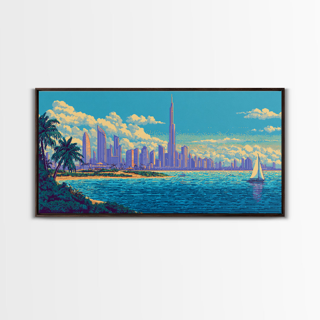 Futuristic Coastal Skyline With Palm Trees Canvas Print, Modern Wall Art, Retro Travel Poster, Tropical Living Room Decor
