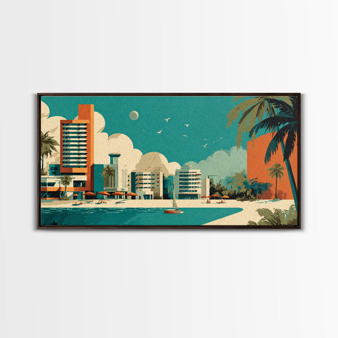 Retro Beachfront Resort With Palms Wall Art, Mid Century Modern Coastal Travel Poster, MCM Decor, Turquoise Lagoon Print