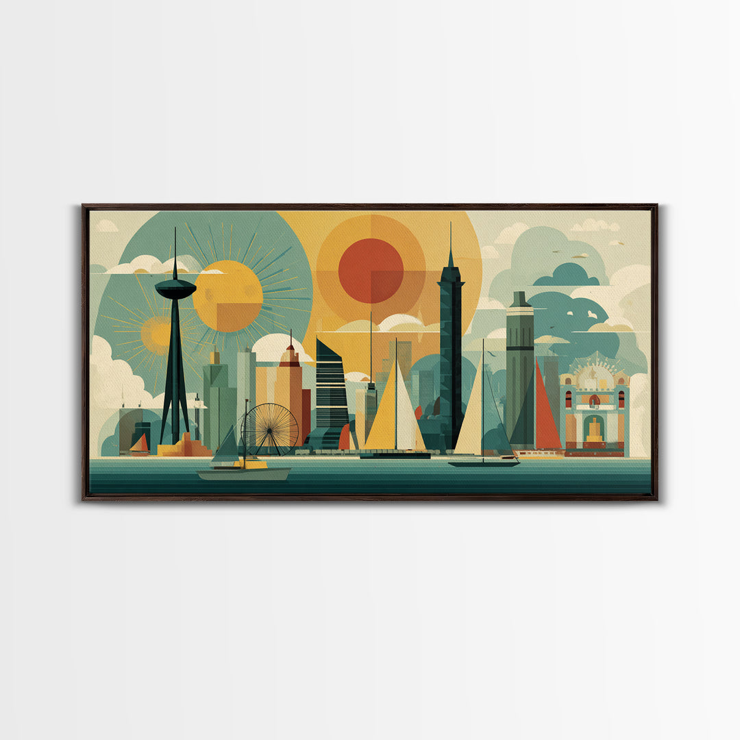 Geometric Seattle Skyline With Space Needle Canvas Print, Mid Century Modern Cityscape Wall Decor, Retro Travel Poster Art