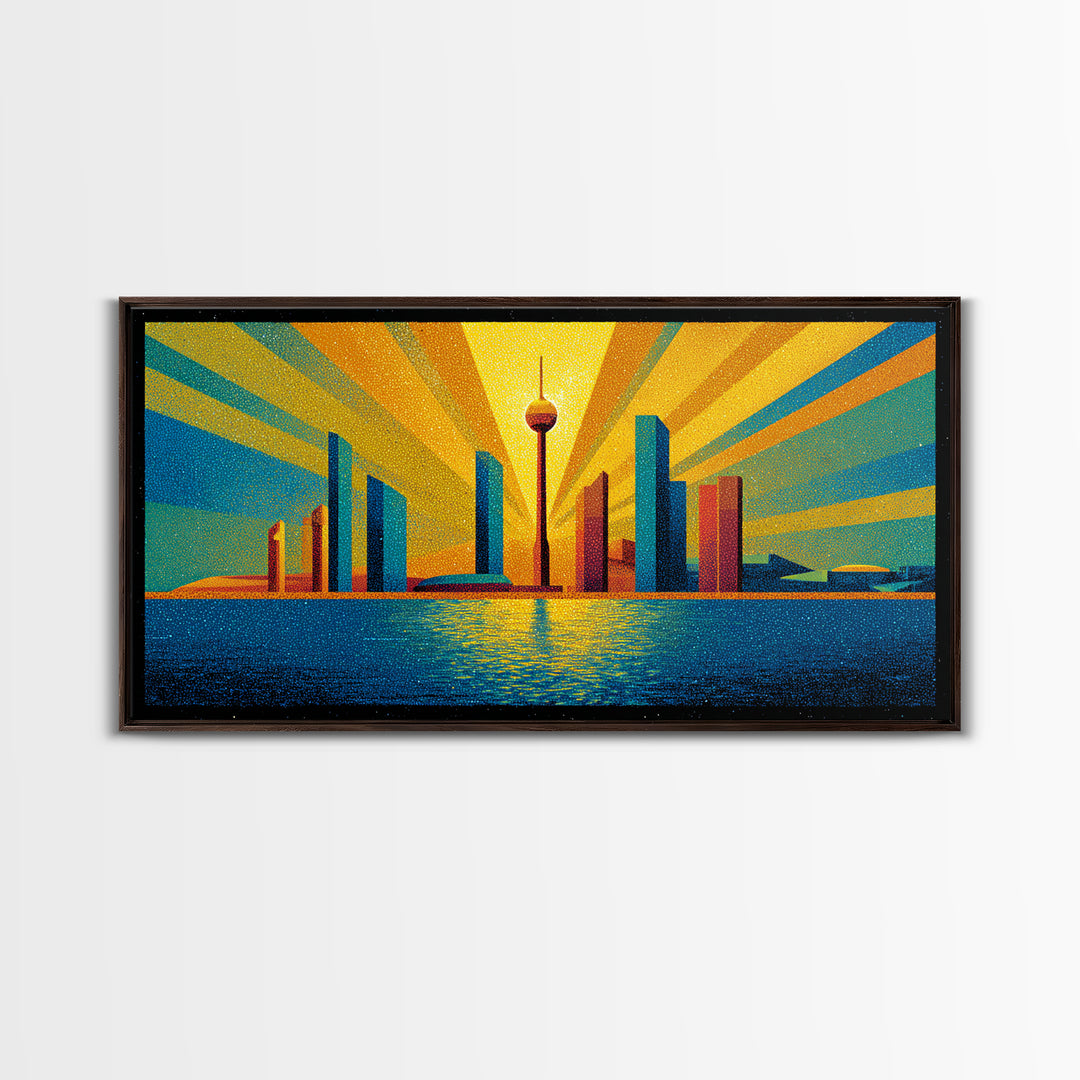 Bold Seattle Skyline Sunrise Wall Art, Mid Century Modern Abstract Cityscape, Space Needle Poster, Retro Geometric Decor