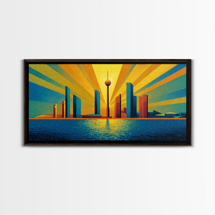 Bold Seattle Skyline Sunrise Wall Art, Mid Century Modern Abstract Cityscape, Space Needle Poster, Retro Geometric Decor