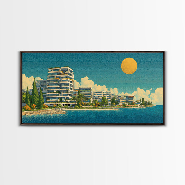 Modern Lakeside Condos With Golden Sun Wall Art, Mid Century Modern Coastal Decor, Mediterranean Lake House Architecture Print