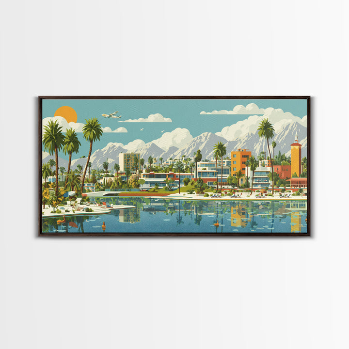 Palm Springs Lagoon With Palms And Mountains Wall Art, Mid Century Modern Desert Travel Poster, Colorful MCM Home Decor Print