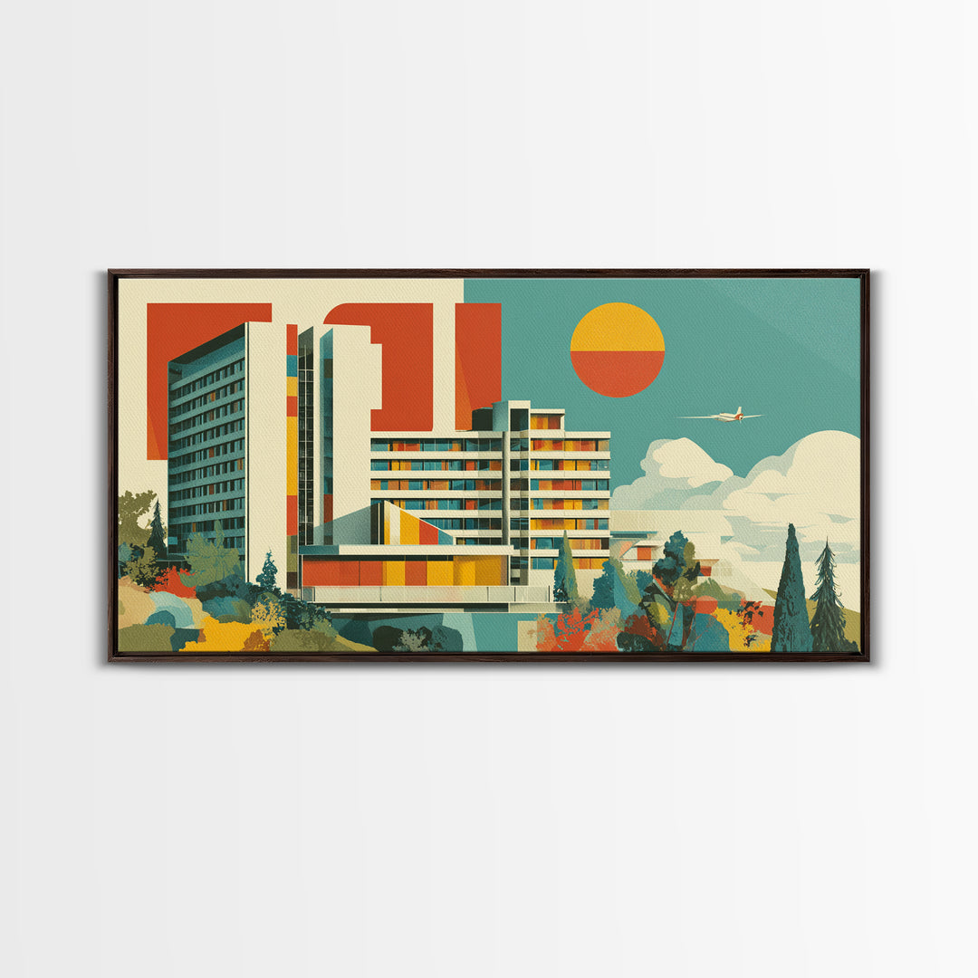 Bauhaus Modernist Hotel Architecture Canvas Print, Mid Century Modern Wall Art, Geometric Orange Sun Poster, MCM Decor Print