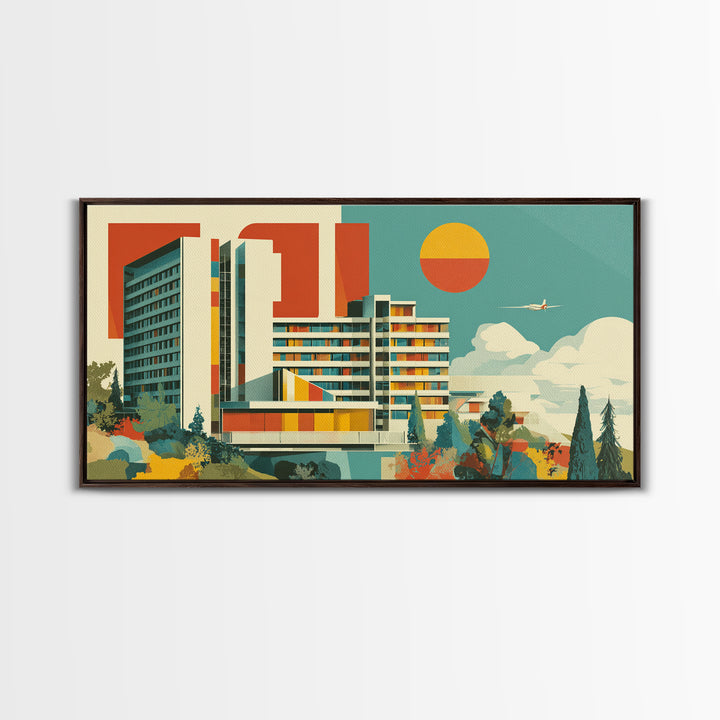 Bauhaus Modernist Hotel Architecture Canvas Print, Mid Century Modern Wall Art, Geometric Orange Sun Poster, MCM Decor Print