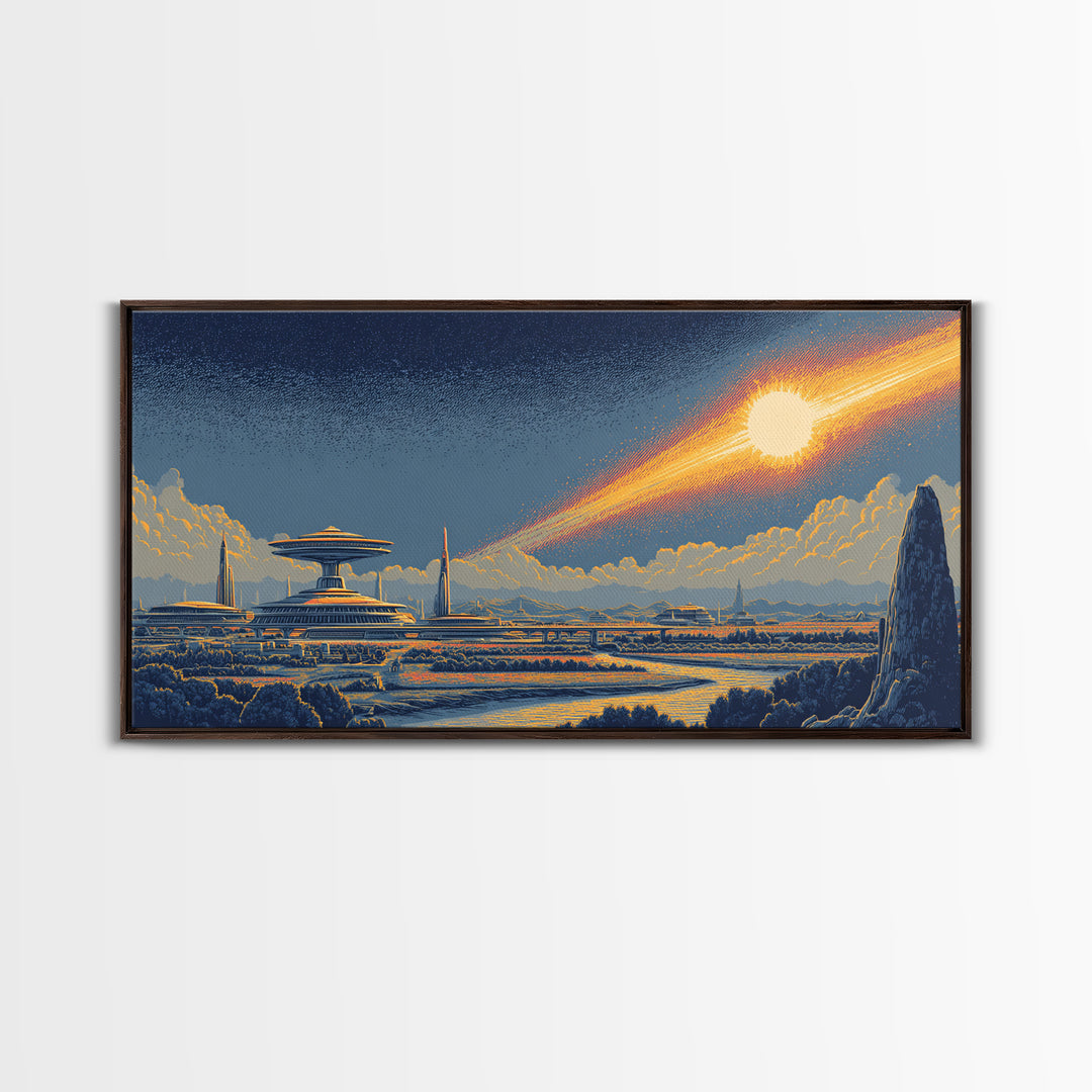 Retro Futuristic City With Meteor And Spaceport Canvas Print, Mid Century Modern Sci Fi Wall Art, Cosmic Skyline Poster Decor