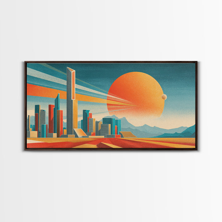 Teal Orange Futuristic Skyline Canvas Print, Midcentury Modern Cityscape, Retro Space Poster, Modern Wall Decor, Large MCM Art