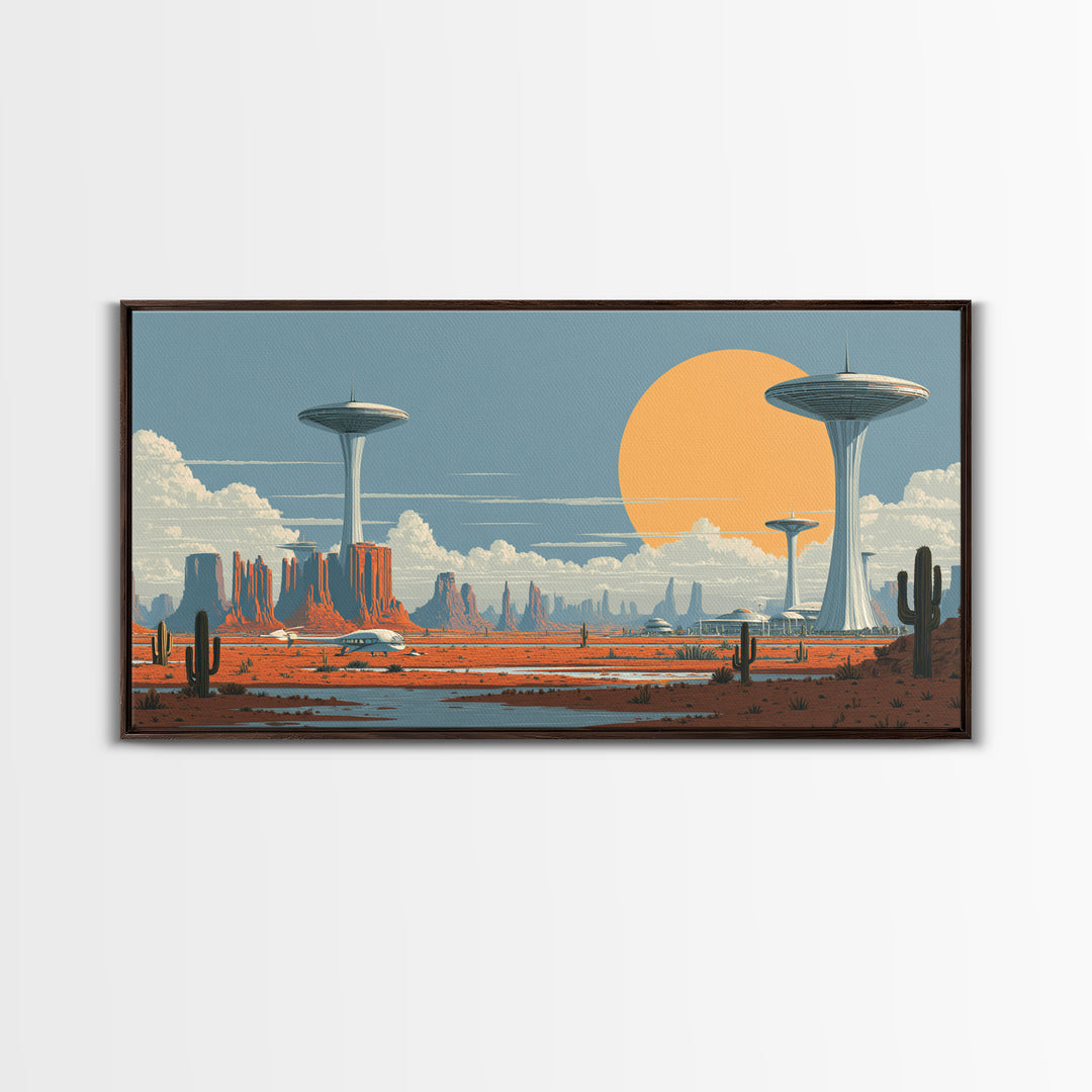 Alien Desert UFO Towers Framed Canvas Print, Midcentury Modern Sci Fi Landscape, Retro Wall Art, Cactus Decor, MCM Poster