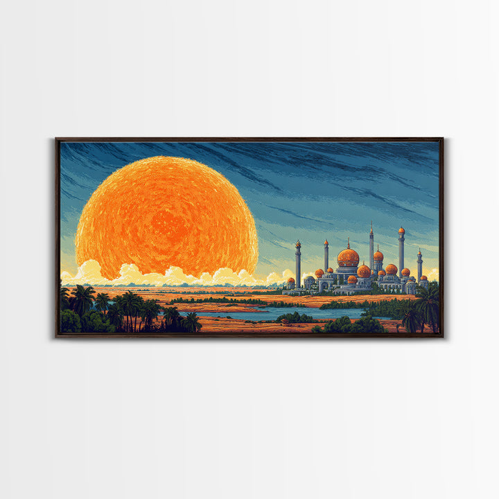 Giant Sun Desert Palace Wall Art, Midcentury Modern Landscape, Islamic Architecture Poster, Orange Blue Living Room Decor