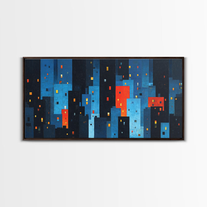 Red And Blue Abstract City Canvas Print, Blocky Urban Skyline, Midcentury Modern Art, Geometric Wall Decor, Home Office Art Print