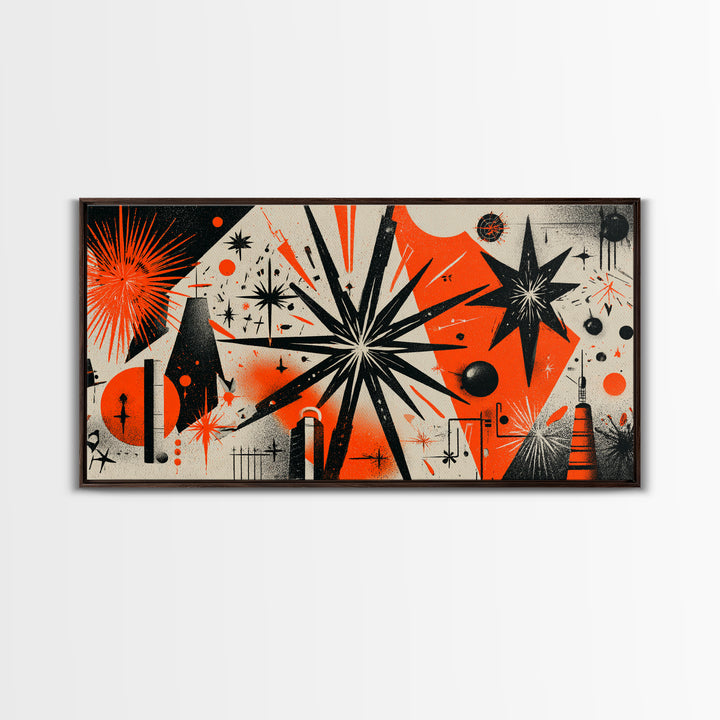 Orange Black Atomic Starburst Wall Art, Midcentury Modern Abstract, Retro 50s Space Age Poster, MCM Geometric Wall Decor