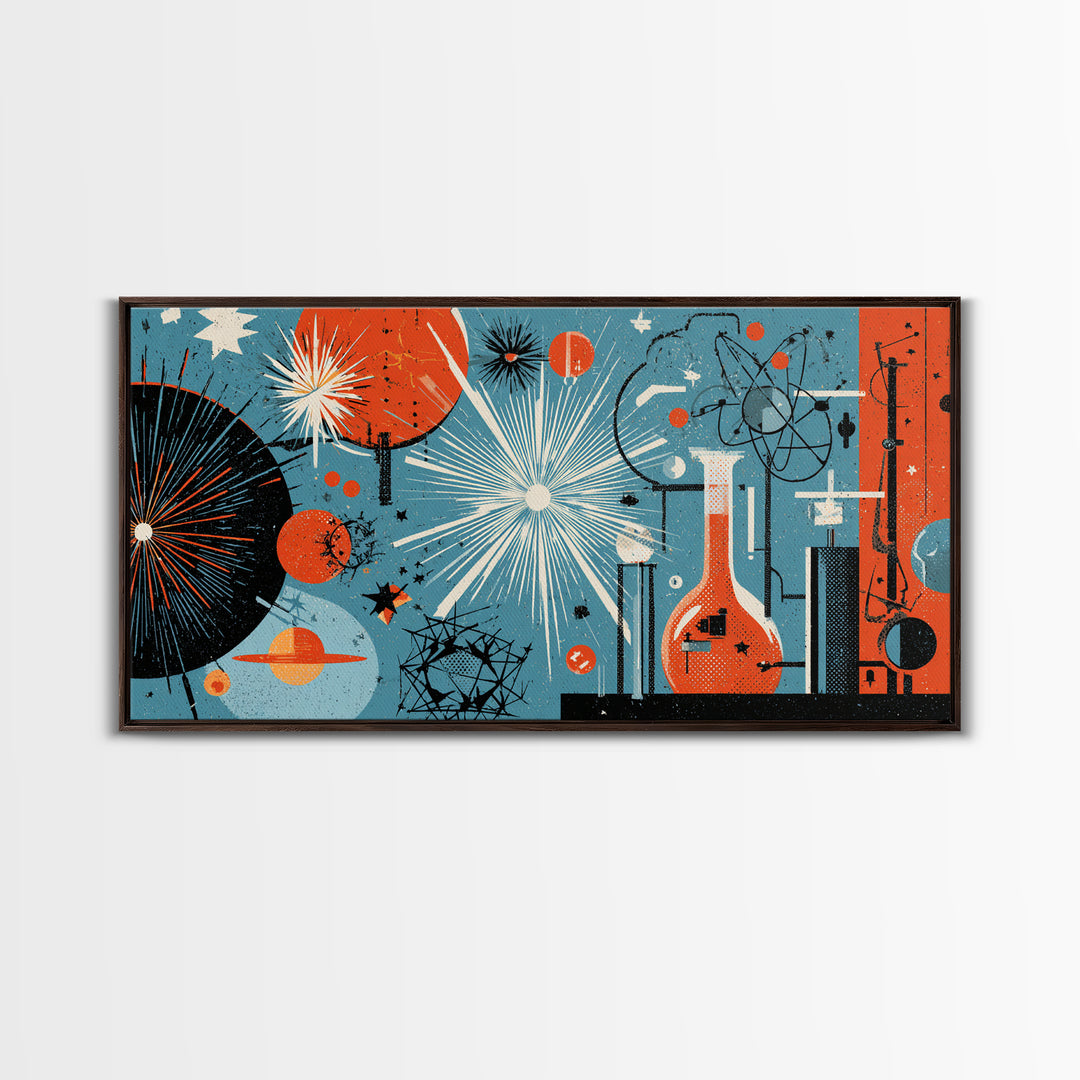 Blue Orange Atomic Laboratory Wall Art, Midcentury Modern Art Print, Retro Science Poster, Geometric MCM Home Decor, Living Room Decor