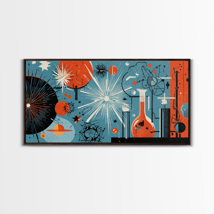 Blue Orange Atomic Laboratory Wall Art, Midcentury Modern Art Print, Retro Science Poster, Geometric MCM Home Decor, Living Room Decor