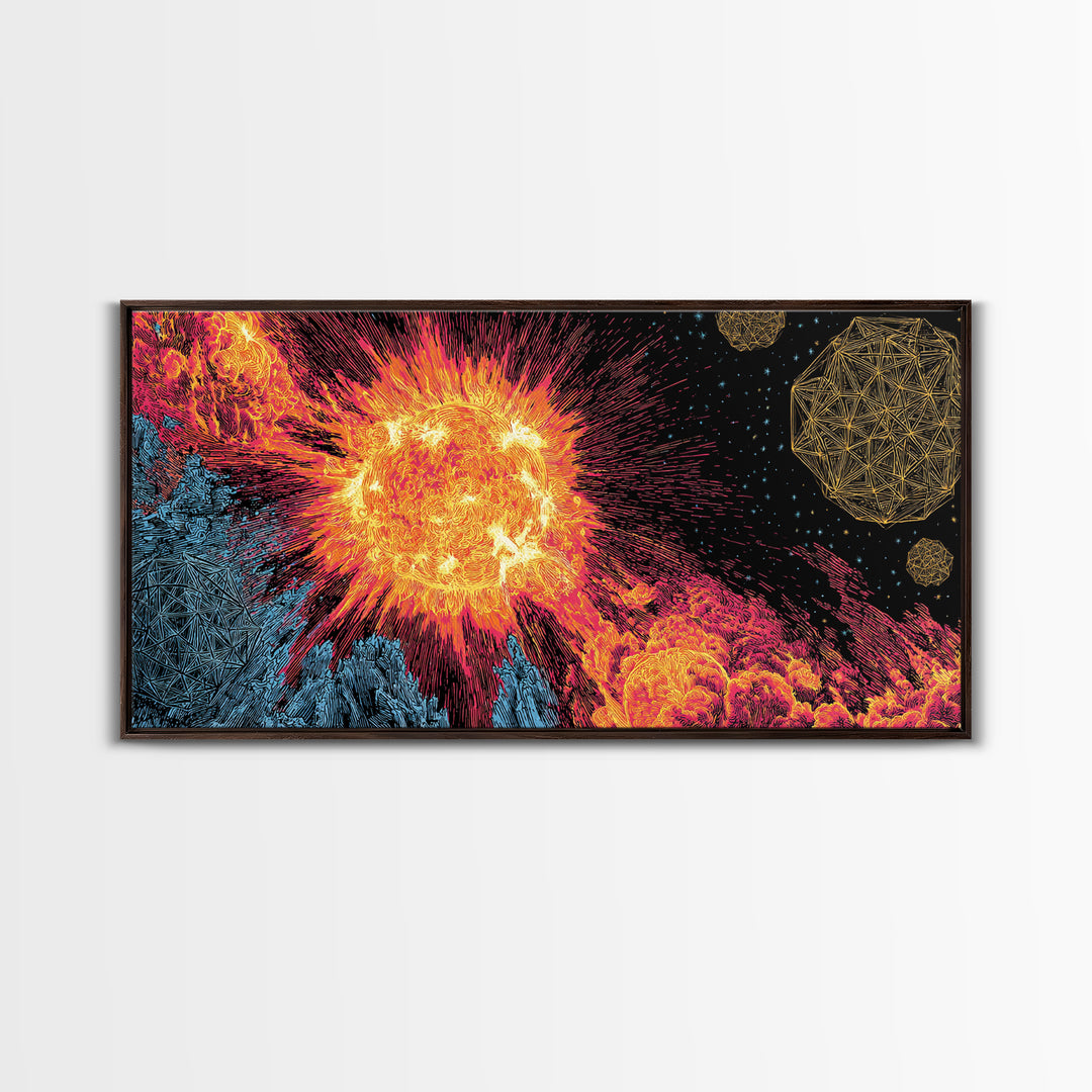 Fiery Solar Flare Sun And Asteroids Canvas Print, Modern Abstract Art, Retro Space Poster, Cosmic Wall Decor, Sci Fi Gift