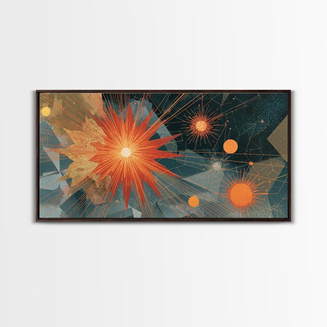 Orange Teal Geometric Starburst Framed Canvas Print, Midcentury Modern Abstract Art, Retro MCM Wall Decor, Home Office Decor