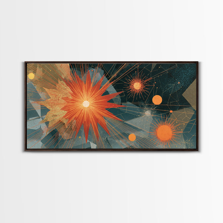 Orange Teal Geometric Starburst Framed Canvas Print, Midcentury Modern Abstract Art, Retro MCM Wall Decor, Home Office Decor