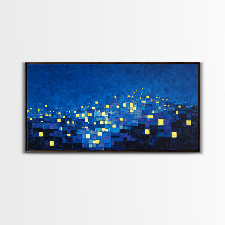 Pixelated Blue City Lights Wall Art, Abstract Night Skyline, Modern Art Print, MCM Wall Decor, Living Room Statement Decor