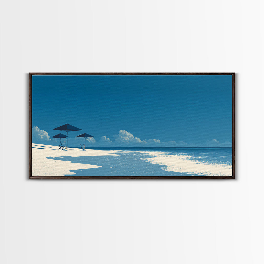 Minimal Blue Beach Wall Art, Serene Ocean Umbrella Landscape Print, Coastal Modern Poster, Summer Decor For Bedroom And Office