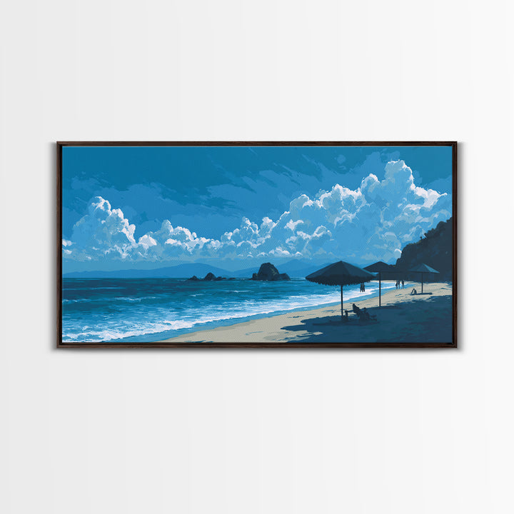 Blue Coastal Cloudscape Canvas Print, Ocean Beach Umbrella Scene, Modern Landscape Wall Art, Tropical Decor For Living Room