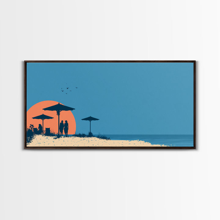 Orange Sunset Beach Wall Art, Silhouette Umbrellas And Couple Print, Retro Coastal Poster, Modern Tropical Decor For Bedroom