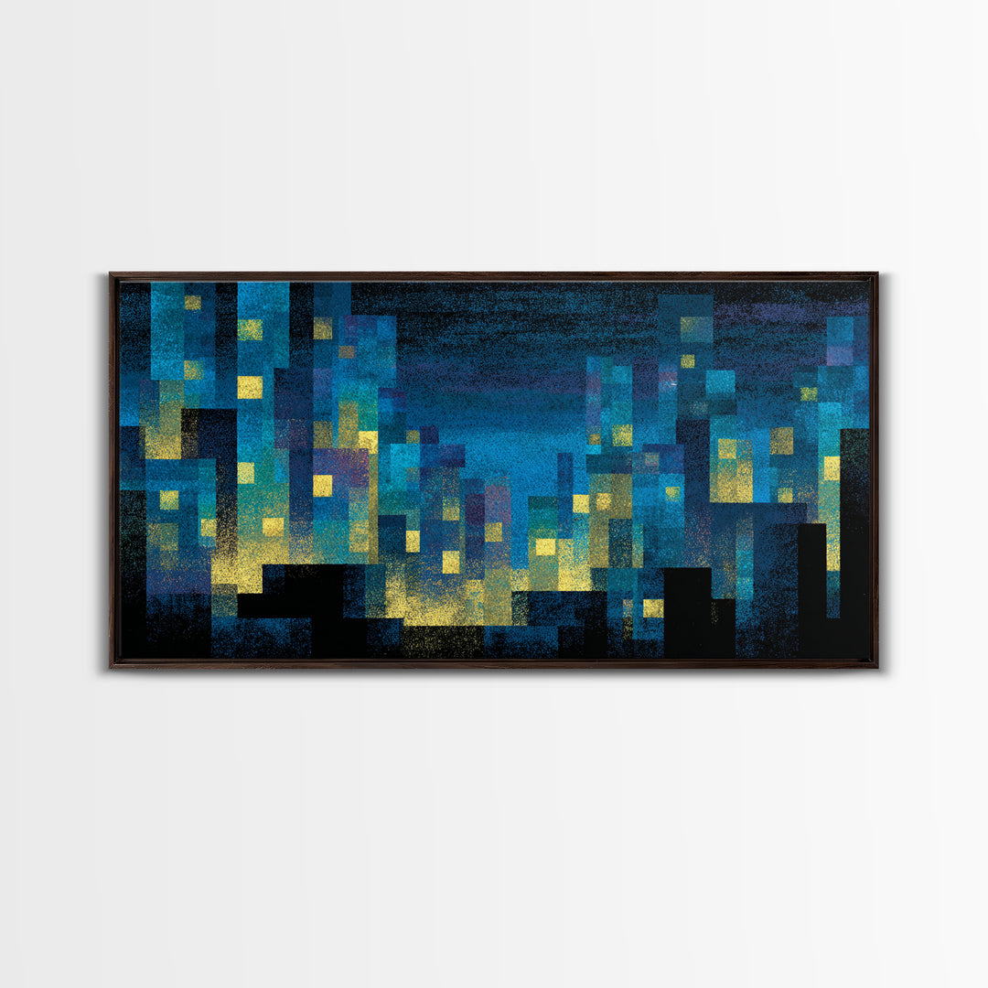 Teal Pixel City Skyline Canvas Print, Glowing Urban Nightscape, Modern Abstract Art, Blue Wall Decor, Home Office Art Print