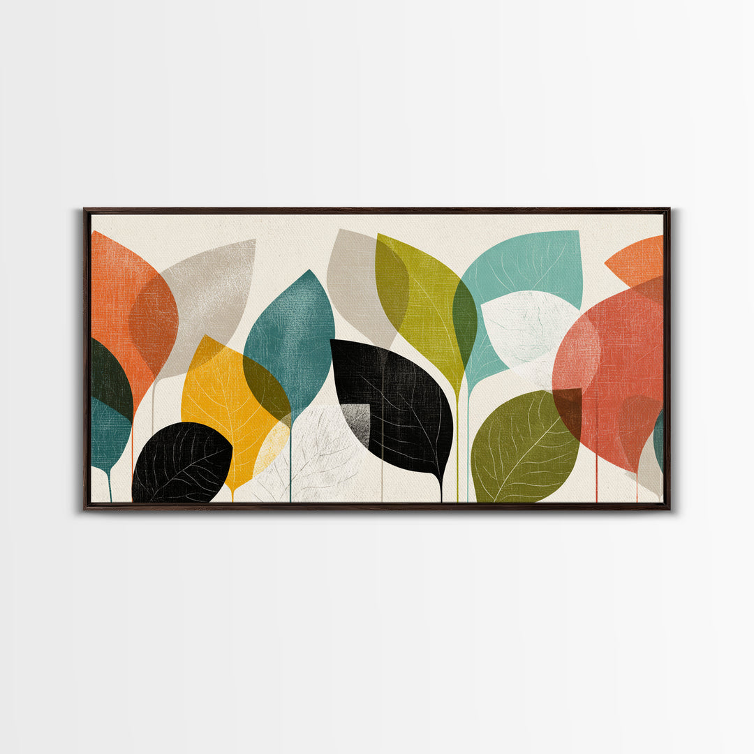 Abstract Overlapping Leaves In Teal Orange Yellow Wall Art, Midcentury Modern Botanical Print, Retro Living Room Decor Gift