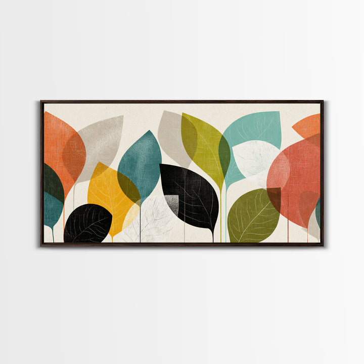 Abstract Overlapping Leaves In Teal Orange Yellow Wall Art, Midcentury Modern Botanical Print, Retro Living Room Decor Gift