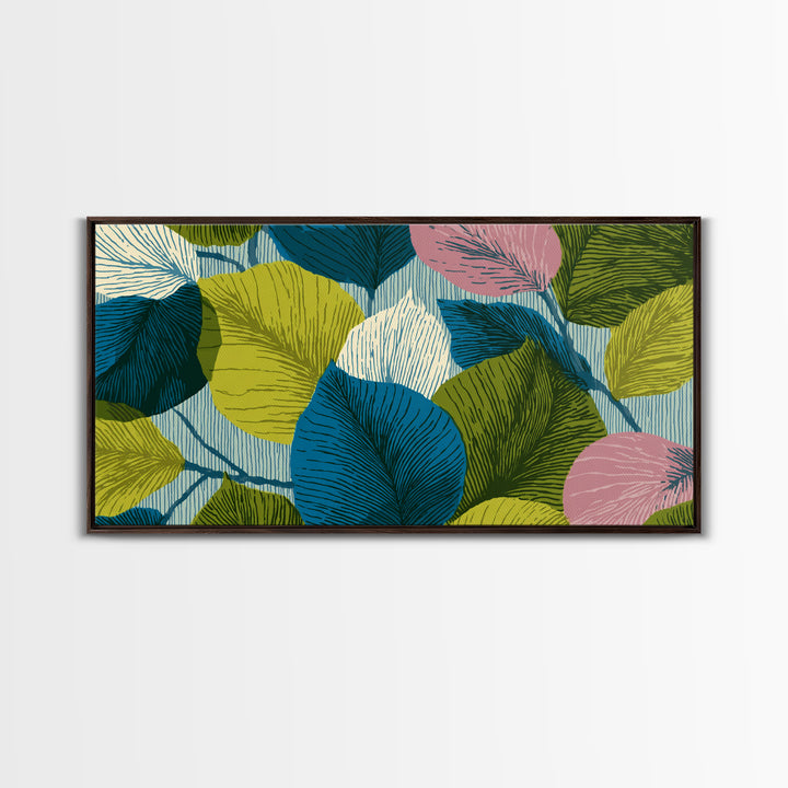 Layered Ginkgo Leaves In Blue Green Pink Canvas Print, Midcentury Modern Botanical Wall Decor, Colorful Living Room Art Print
