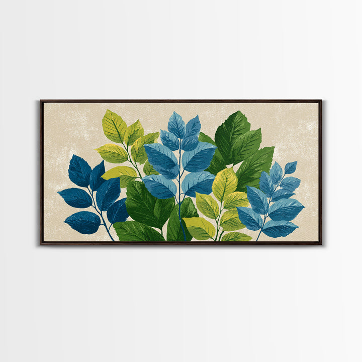 Blue Green Botanical Branches With Textured Leaves Wall Art, Midcentury Modern Nature Print, Calm Bedroom Office Decor Gift