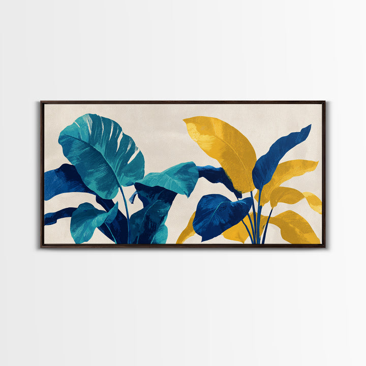 Bold Tropical Leaves In Teal Blue Mustard Canvas Print, Midcentury Modern Botanical Wall Art, Colorful Home Office Decor