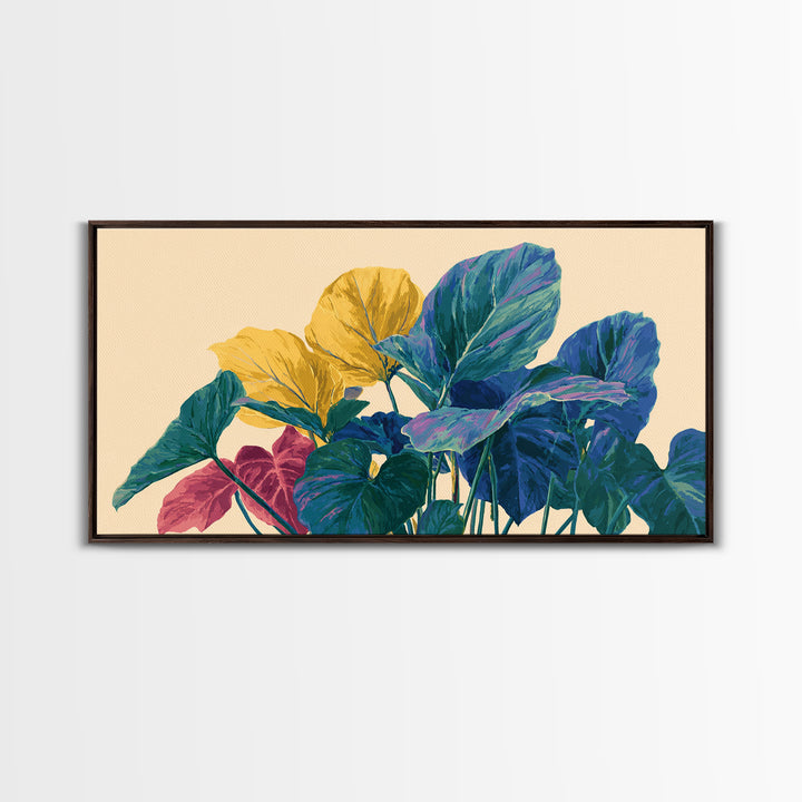 Vibrant Tropical Foliage In Yellow Teal Pink Wall Art, Midcentury Modern Botanical Print, Colorful Boho Living Room Decor