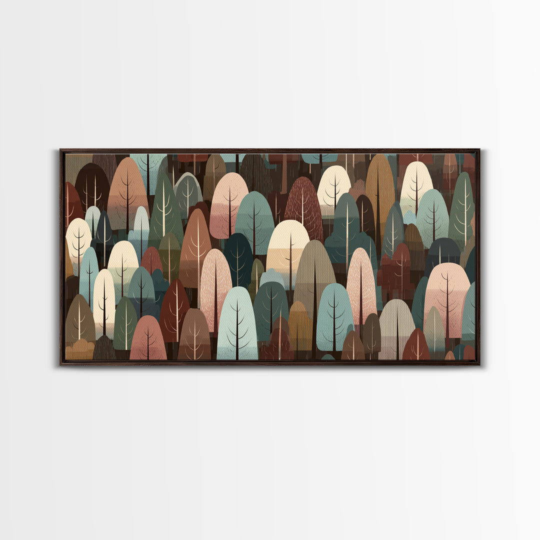 Muted Abstract Forest Of Rounded Trees Framed Canvas Print, Midcentury Modern Wall Art, Earth Tone Woodland Living Room Decor