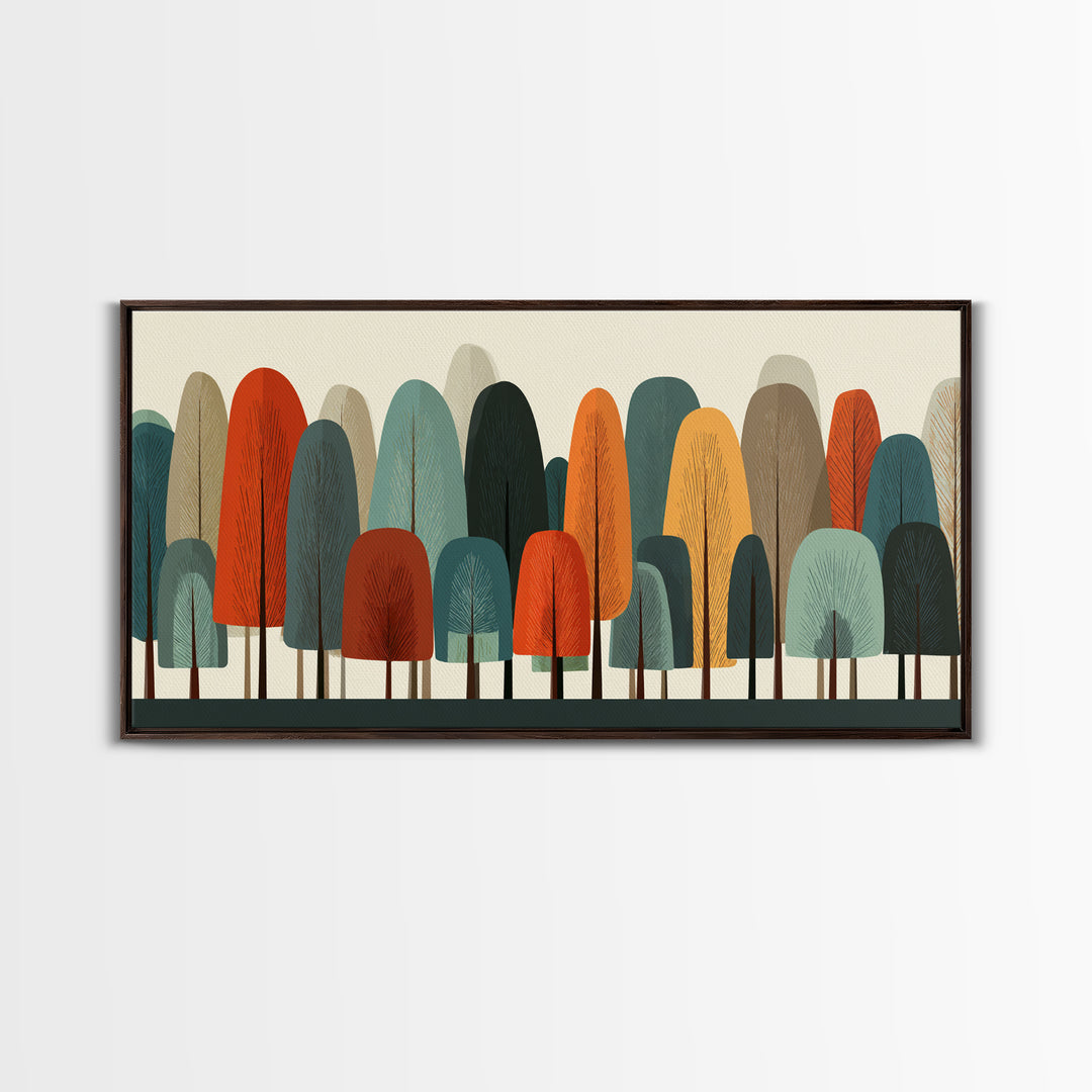 Minimal Rounded Tree Grove In Orange Teal Mustard Wall Art, Midcentury Modern Forest Print, Retro Nursery Or Office Decor