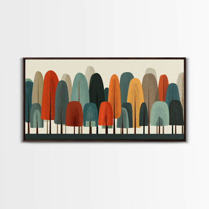 Minimal Rounded Tree Grove In Orange Teal Mustard Wall Art, Midcentury Modern Forest Print, Retro Nursery Or Office Decor