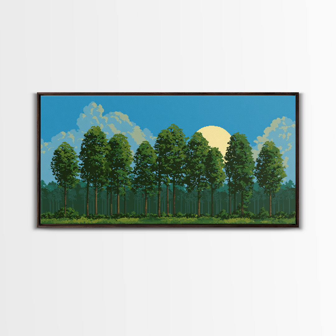 Sunlit Green Forest Landscape With Moonrise Canvas Print, Nature Wall Art, Retro Scenic Living Room And Cabin Decor Gift