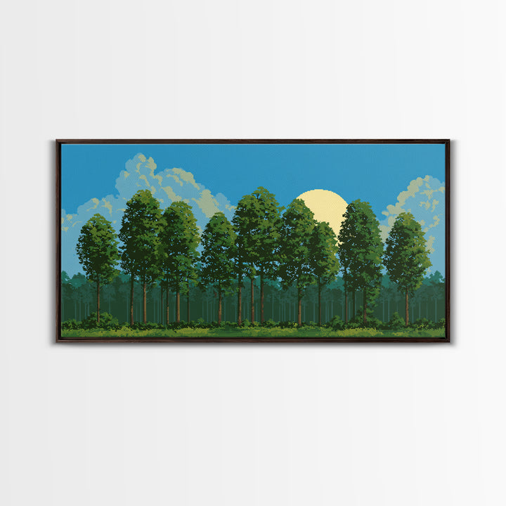 Sunlit Green Forest Landscape With Moonrise Canvas Print, Nature Wall Art, Retro Scenic Living Room And Cabin Decor Gift
