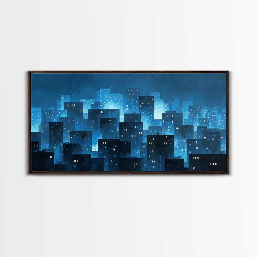Misty Blue Urban Skyline Framed Canvas Print, Snowy City Lights, Modern Wall Art, Large Abstract Decor, Office Wall Art Print