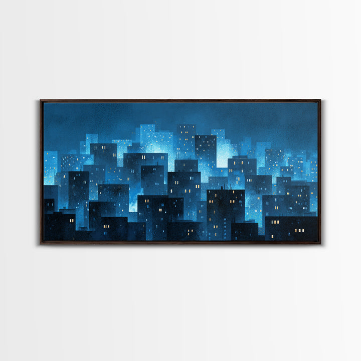 Misty Blue Urban Skyline Framed Canvas Print, Snowy City Lights, Modern Wall Art, Large Abstract Decor, Office Wall Art Print