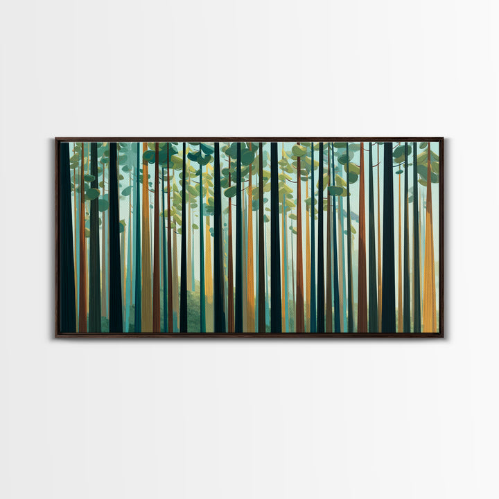 Tall Pine Forest With Sunbeams In Teal Gold Wall Art, Modern Nature Landscape Print, Scandinavian Cabin And Office Decor