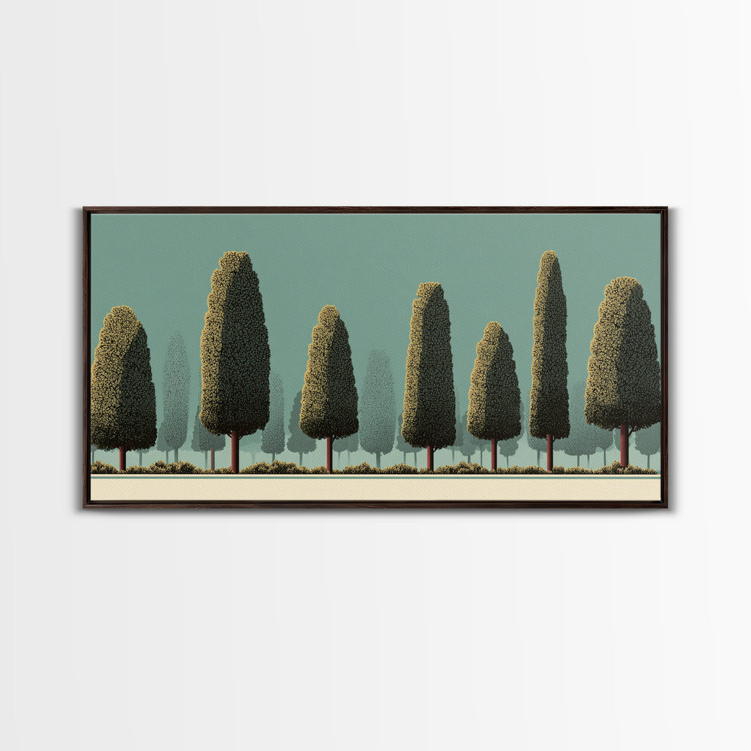Stylized Cypress Tree Grove Wall Art, Midcentury Modern Landscape Print, Sage Green Retro Decor, Nature Living Room Art Print