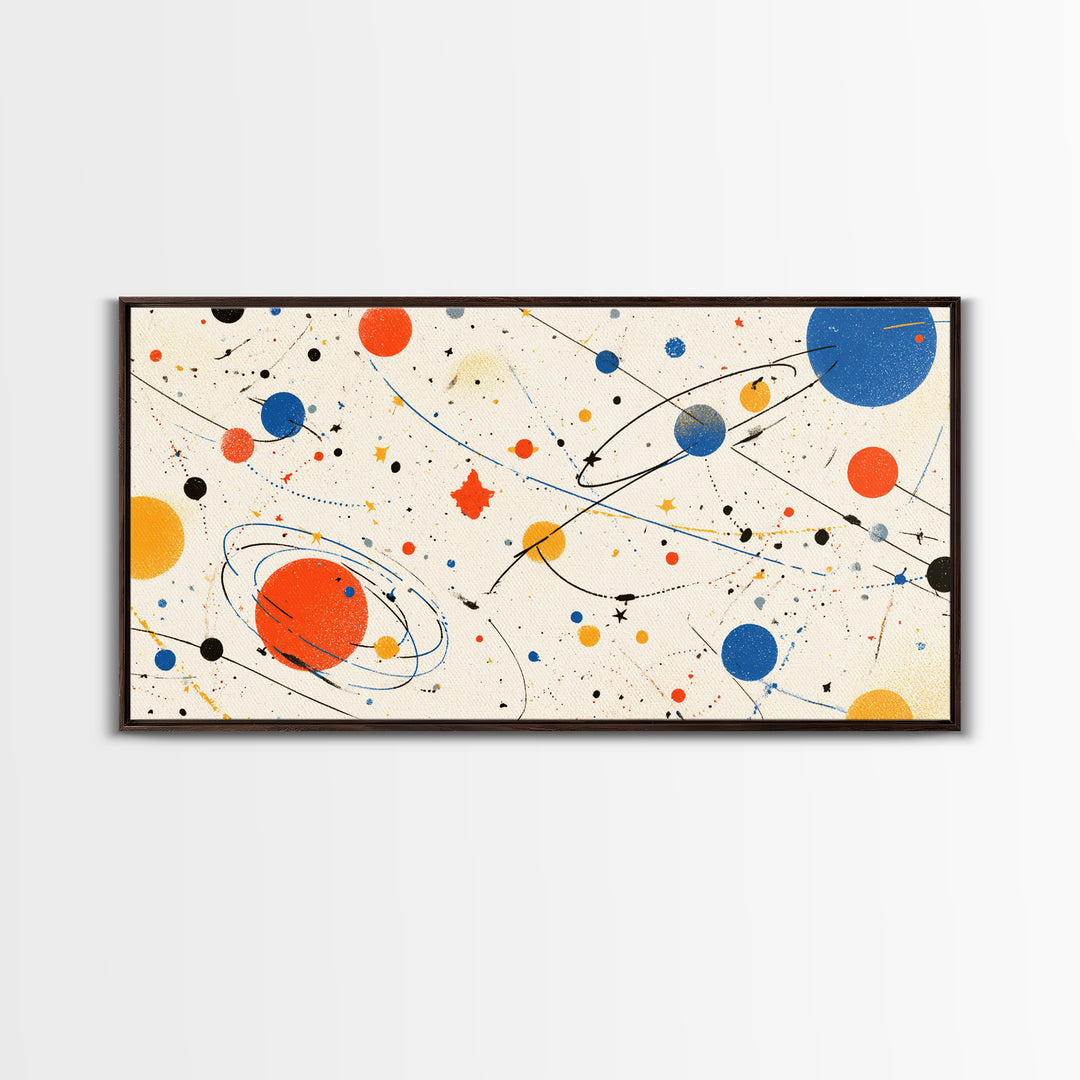 Playful Orbiting Planets And Stars Canvas Print, Atomic Mid Century Modern Wall Art, Retro Space Poster, Kids Room Decor