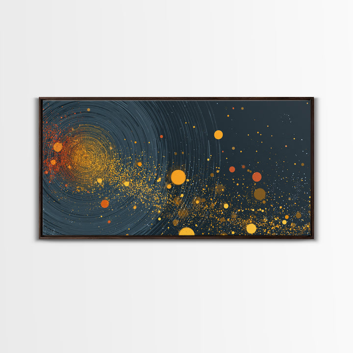 Orange Cosmic Spiral And Star Fields Framed Canvas Print, Abstract Space Wall Art, Mid Century Modern Decor, Galaxy Poster