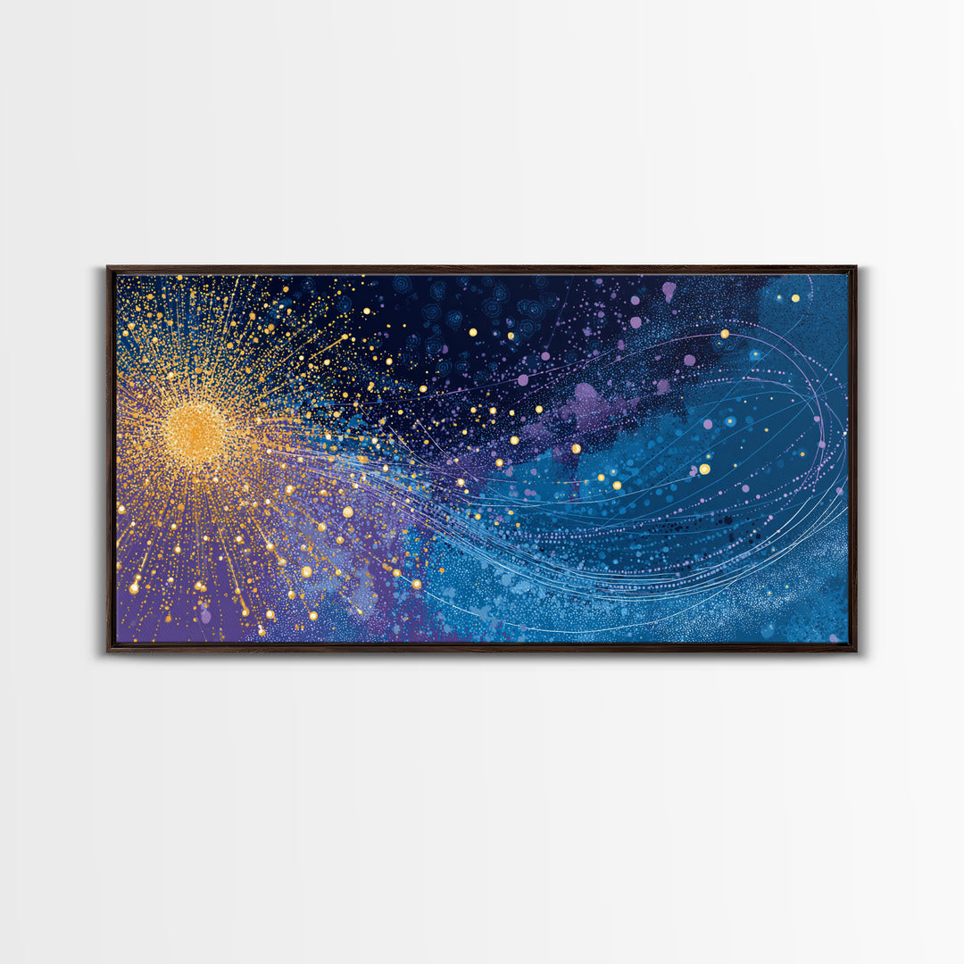 Golden Starburst Space Wave Canvas Print, Colorful Abstract Wall Art, Modern Galaxy Poster, Sci Fi Office And Living Room Decor
