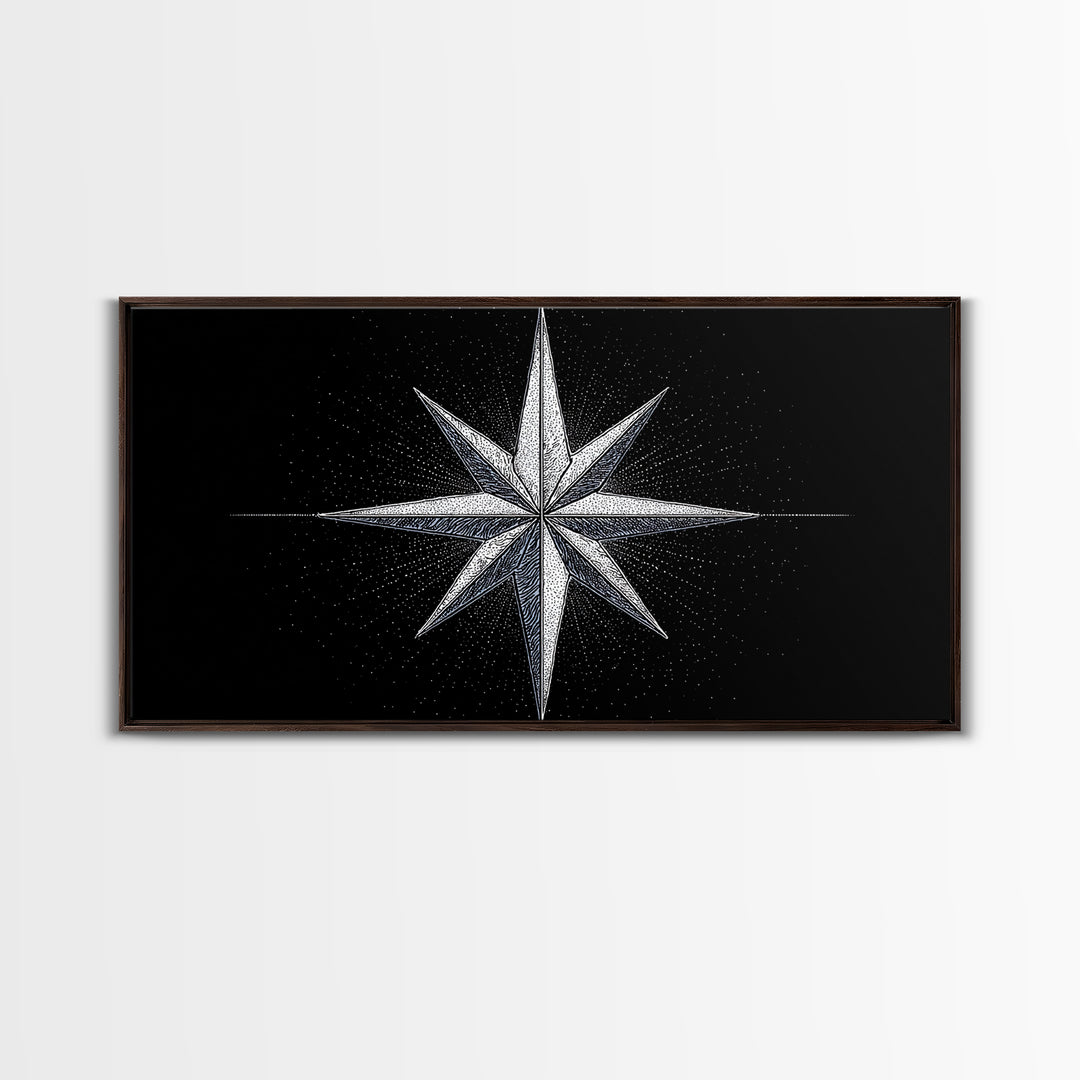 Stippled Compass Rose Canvas Print, Black And White Nautical Star Wall Art, Geometric Modern Poster, Minimal Office Decor