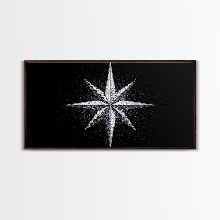 Stippled Compass Rose Canvas Print, Black And White Nautical Star Wall Art, Geometric Modern Poster, Minimal Office Decor